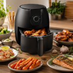 Best Air Fryer Recipes featuring crispy chicken wings, French fries, salmon, vegetables, shrimp, and garlic bread cooked in a modern air fryer.