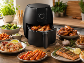 Best Air Fryer Recipes featuring crispy chicken wings, French fries, salmon, vegetables, shrimp, and garlic bread cooked in a modern air fryer.