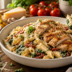 Creamy Tuscan Chicken Pasta Recipe featuring penne pasta with juicy chicken, creamy Parmesan sauce, spinach, and sun-dried tomatoes.