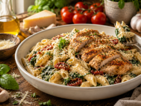 Creamy Tuscan Chicken Pasta Recipe featuring penne pasta with juicy chicken, creamy Parmesan sauce, spinach, and sun-dried tomatoes.