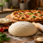 Homemade Pizza Dough Recipe showing freshly kneaded pizza dough, flour, yeast, olive oil, and a homemade pizza ready for baking on a wooden kitchen countertop.