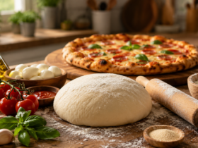 Homemade Pizza Dough Recipe showing freshly kneaded pizza dough, flour, yeast, olive oil, and a homemade pizza ready for baking on a wooden kitchen countertop.