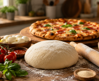 Homemade Pizza Dough Recipe showing freshly kneaded pizza dough, flour, yeast, olive oil, and a homemade pizza ready for baking on a wooden kitchen countertop.