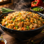 Restaurant Style Fried Rice Recipe featuring fluffy fried rice with vegetables, eggs, green onions, and chicken served in a bowl with chopsticks.