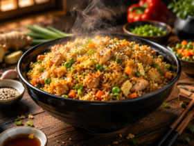 Restaurant Style Fried Rice Recipe featuring fluffy fried rice with vegetables, eggs, green onions, and chicken served in a bowl with chopsticks.