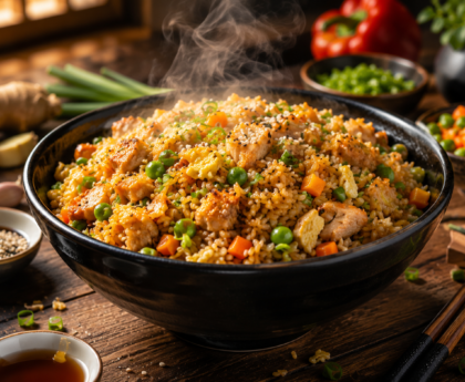 Restaurant Style Fried Rice Recipe featuring fluffy fried rice with vegetables, eggs, green onions, and chicken served in a bowl with chopsticks.